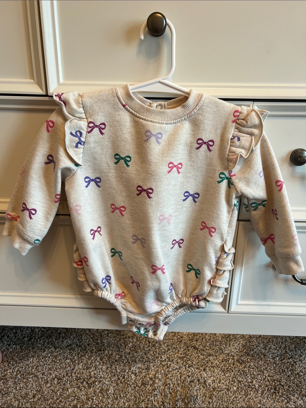 Ruffle Butts Cream Bow-Print Ruffled Sweatshirt Bodysuit